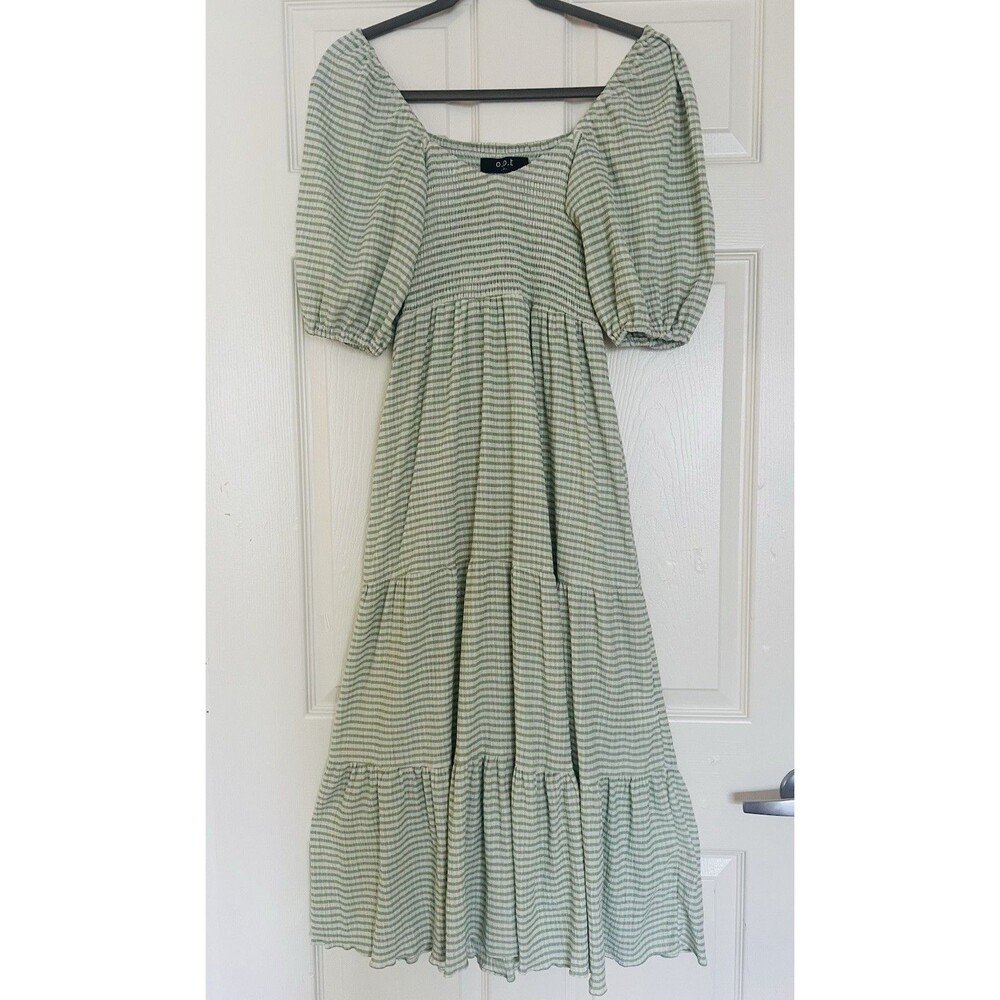 O.P.T. Green Smocked Maxi Dress XS / S Puff Sleeve Tiered Peasant Cottagecore